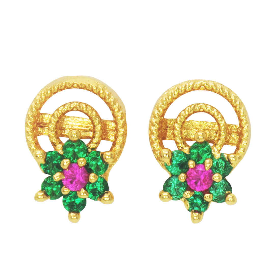 Small Cute Gold Plated Floral Emerald Ruby Stone Ear Studs - K Supreme