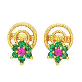 Small Cute Gold Plated Floral Emerald Ruby Stone Ear Studs - K Supreme