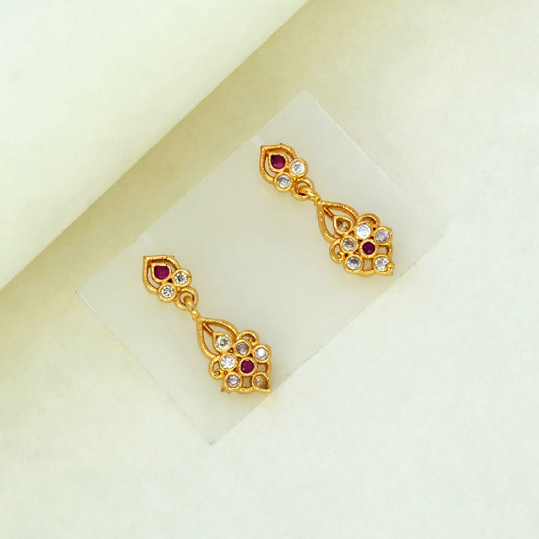 Small Gold Plated CZ Ruby Drop Earrings For Girls - K Supreme