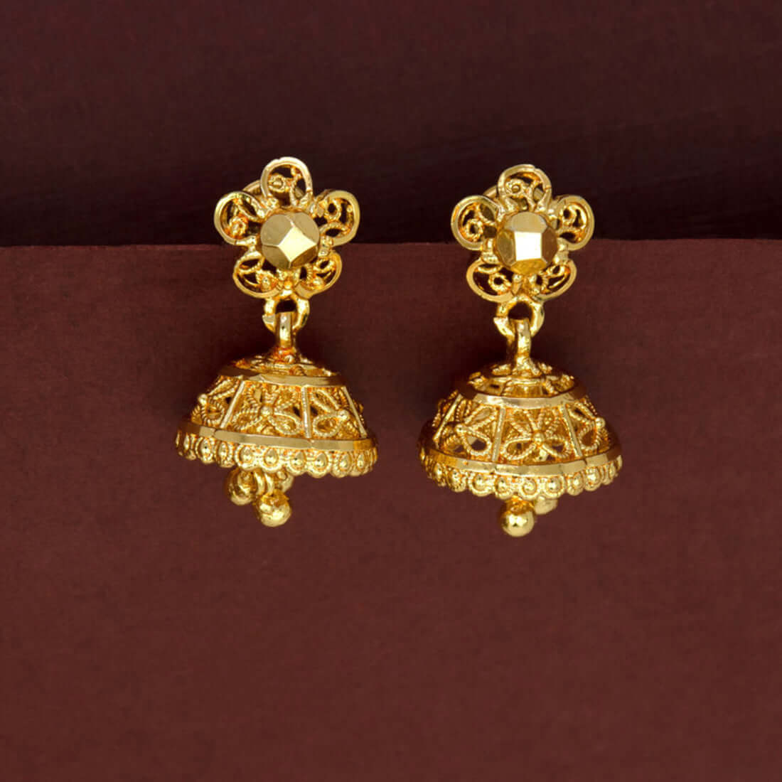 Small Gold Plated Floral Filigree Jhumka Earrings - K Supreme