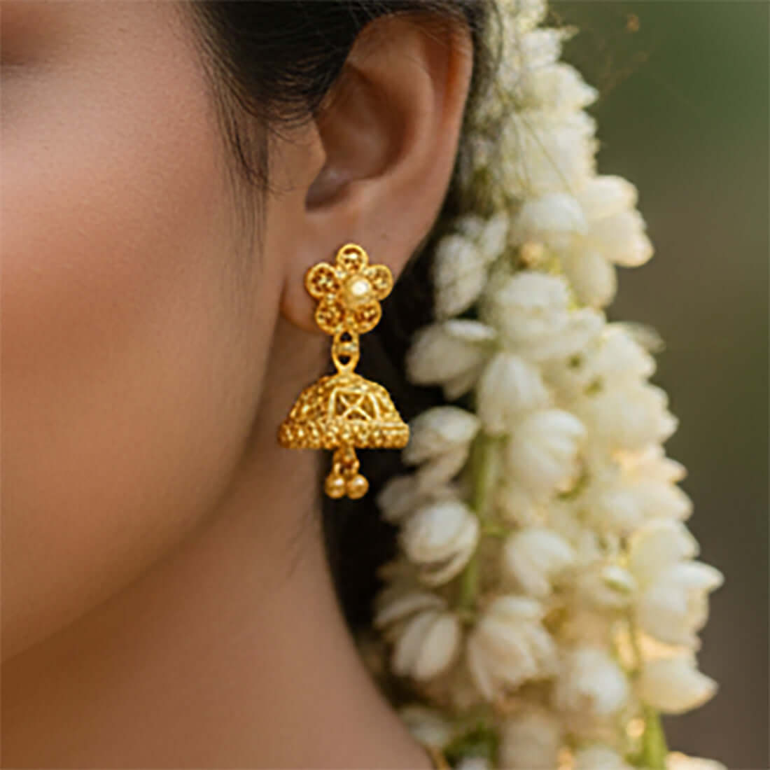 Small Gold Plated Floral Filigree Jhumka Earrings - K Supreme