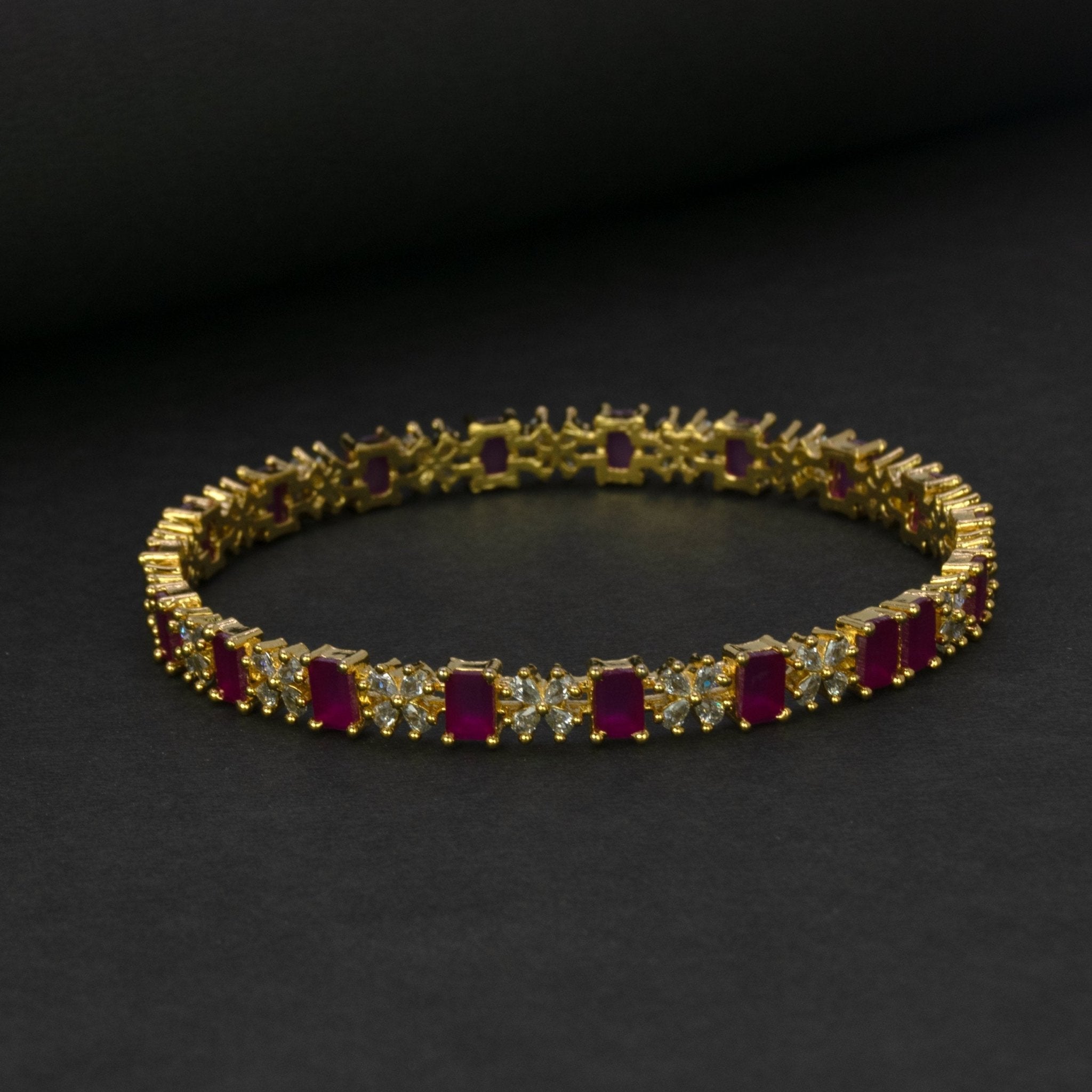 Sparkling Gold Plated Floral CZ Ruby Bangle - K Supreme