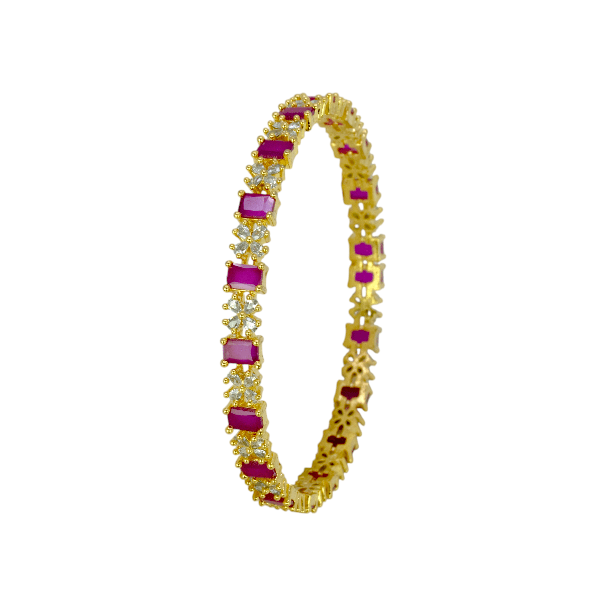Sparkling Gold Plated Floral CZ Ruby Bangle - K Supreme