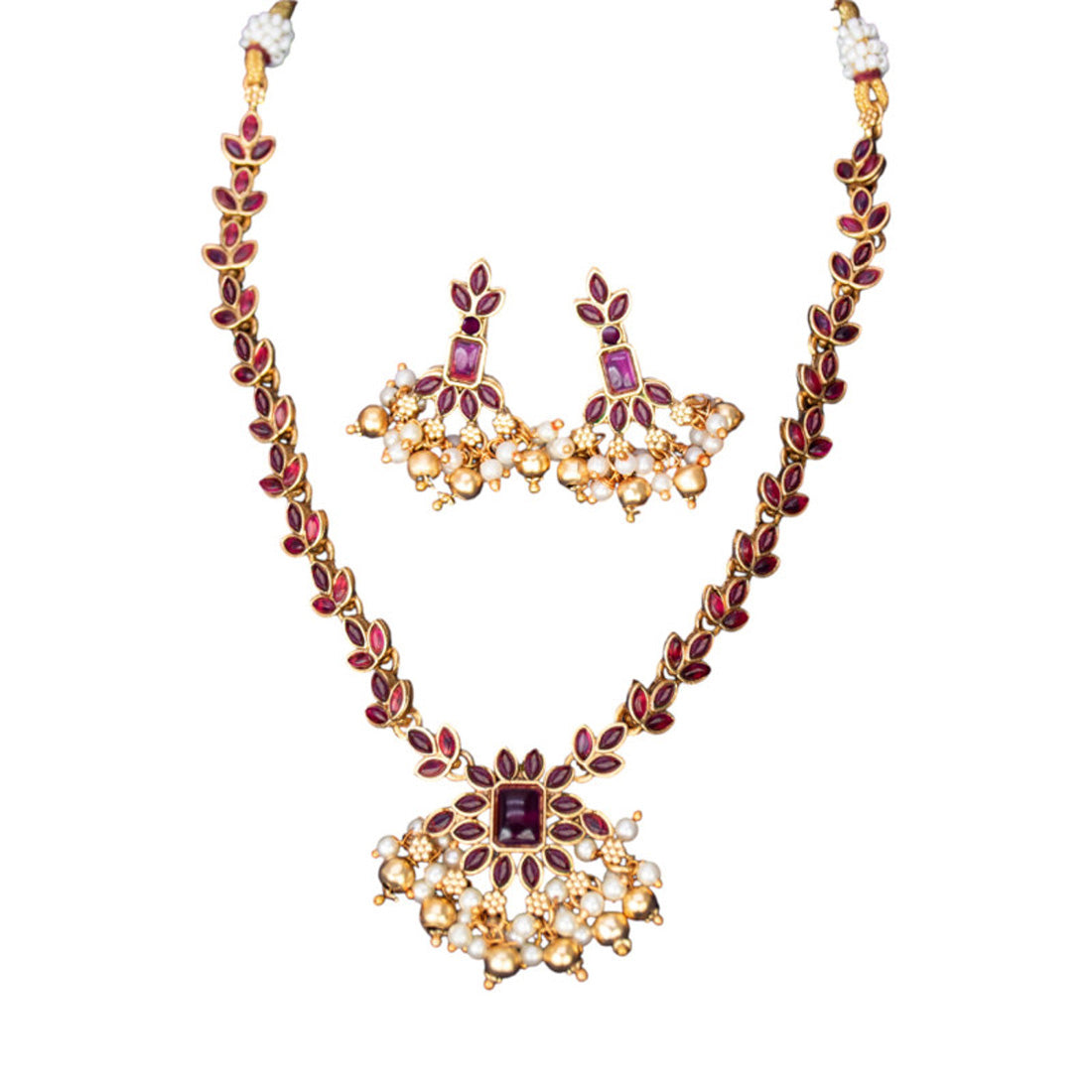 Antique Floral Red Kemp Stone Necklace Set