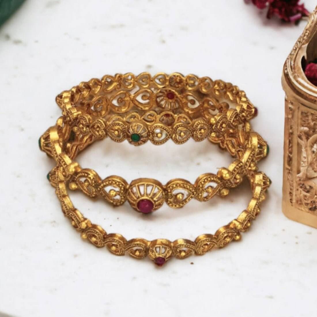 Stunning Bridal Antique Gold Plated Heart Bangles Set of 3 - K Supreme