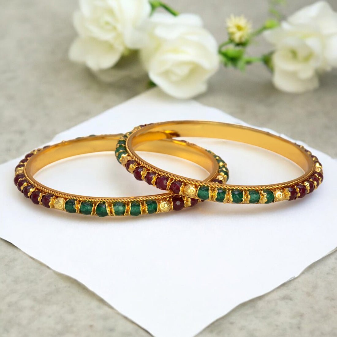 Stunning Gold Plated Crystal And Golden Beads Bangles - KSupreme