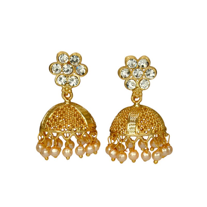 Stunning Gold Plated Floral White Stone Jhumka Earrings - K Supreme