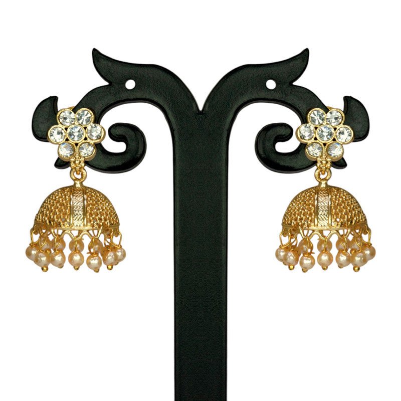 Stunning Gold Plated Floral White Stone Jhumka Earrings - K Supreme