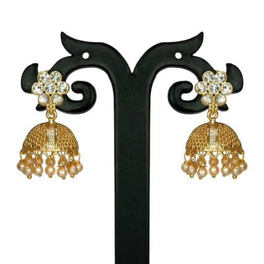 Stunning Gold Plated Floral White Stone Jhumka Earrings - K Supreme