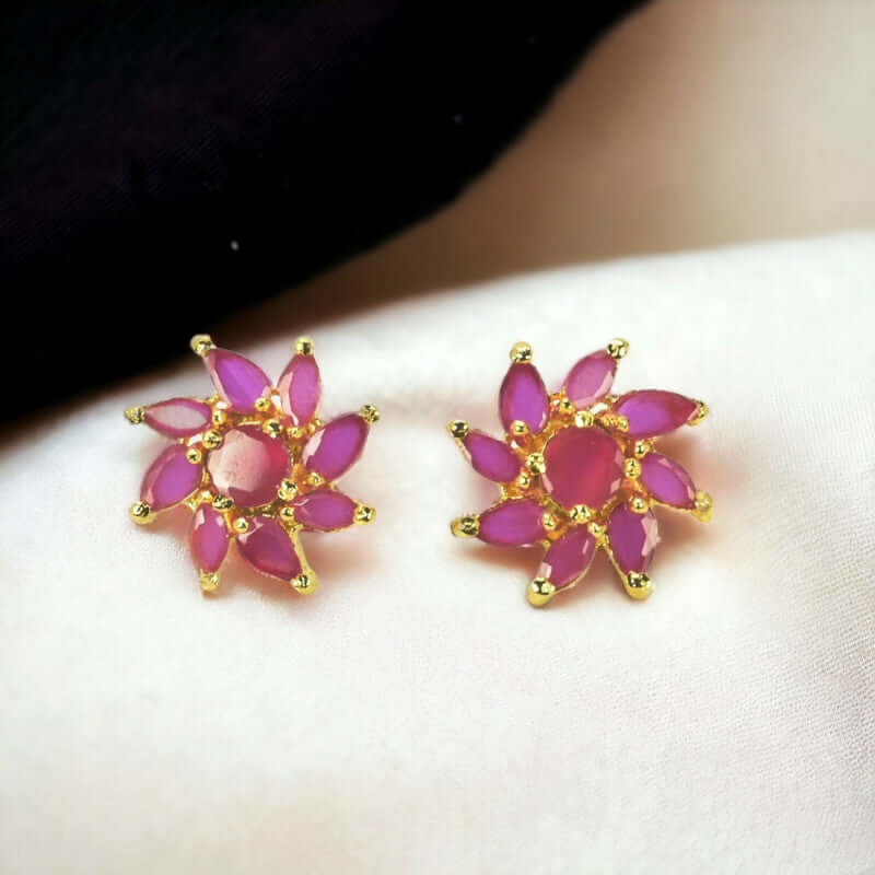 Stunning Semi - Precious Ruby Stones Floral Ear Studs - K Supreme