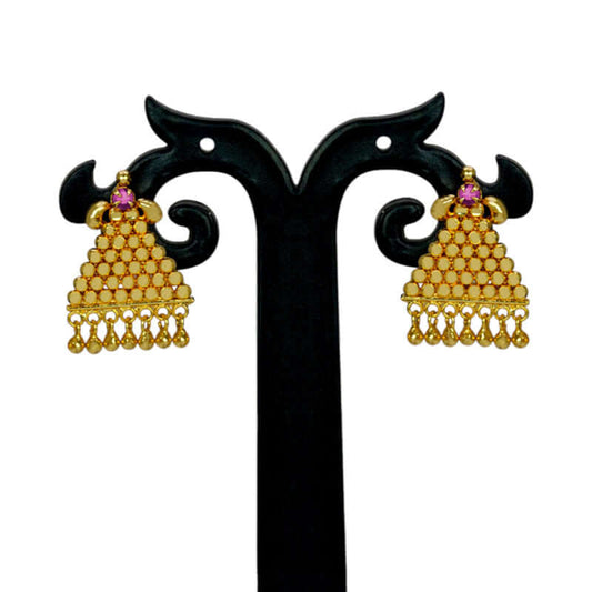 Stylish Gold Plated Beads Hanging Triangle Ruby Ear Studs