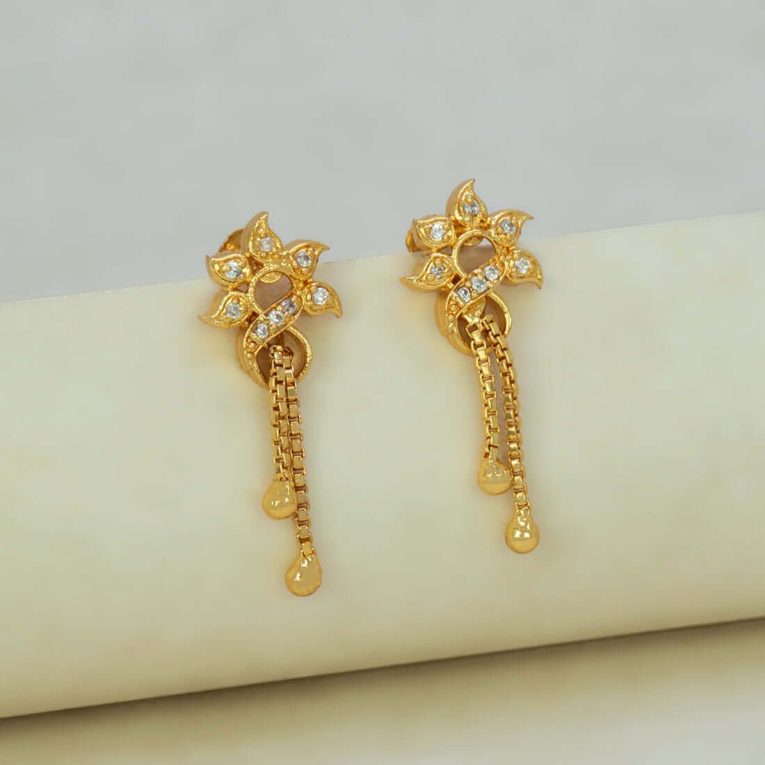 Stylish Gold Plated Box Chain Tassels Floral Stone Earrings - K Supreme