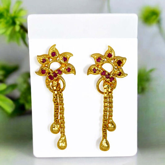 Stylish Gold Plated Box Chain Tassels Floral Stone Earrings - K Supreme