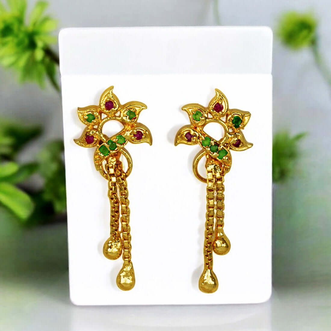 Stylish Gold Plated Box Chain Tassels Floral Stone Earrings - K Supreme