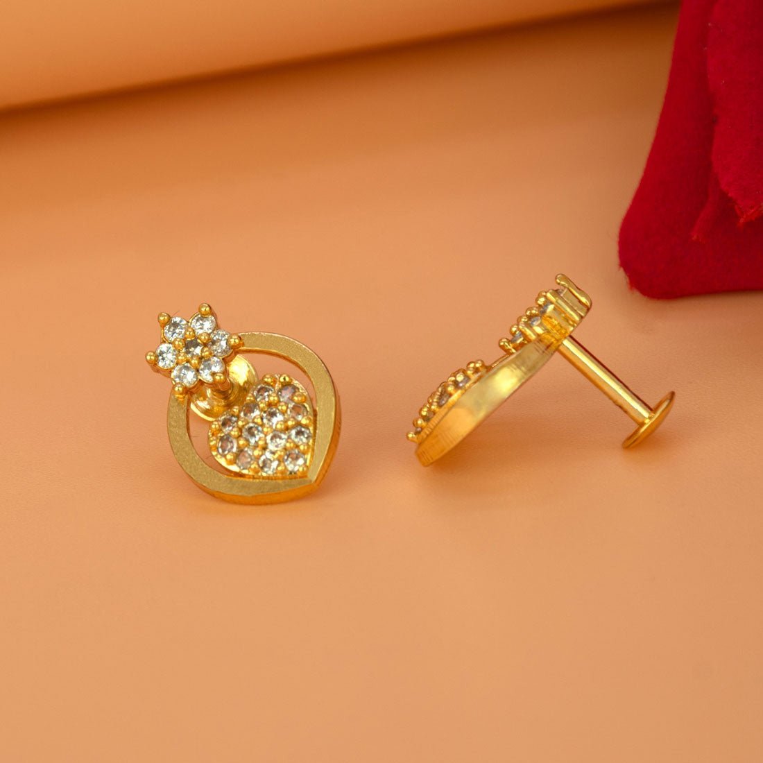 Stylish Gold Plated Floral Heart CZ Stud Earrings - K Supreme