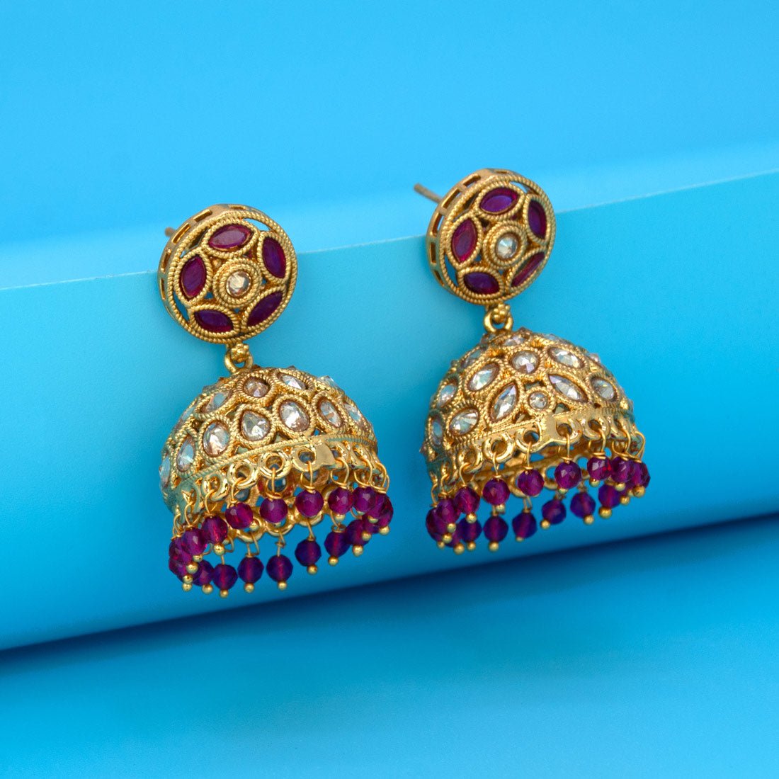 Stylish Kundan Stone Antique Gold Plated Jhumka Earrings - K Supreme