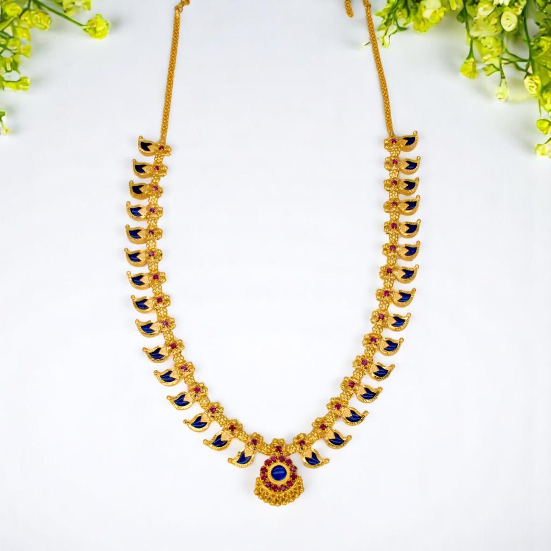 Traditional Gold Plated Ruby Blue Mango Long Necklace - KSupreme