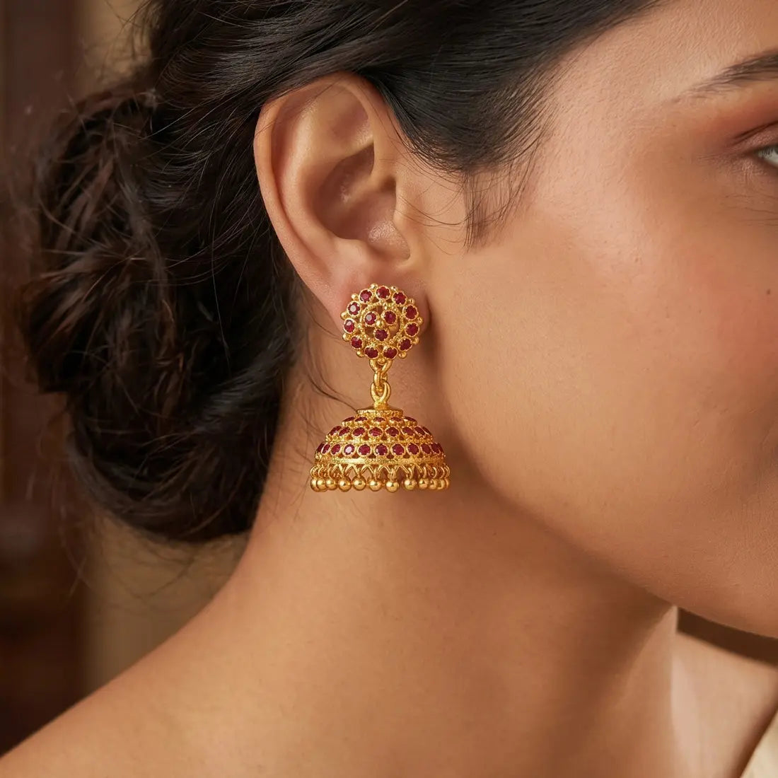 Traditional One Gram Gold Plated Ruby Jhumkas
