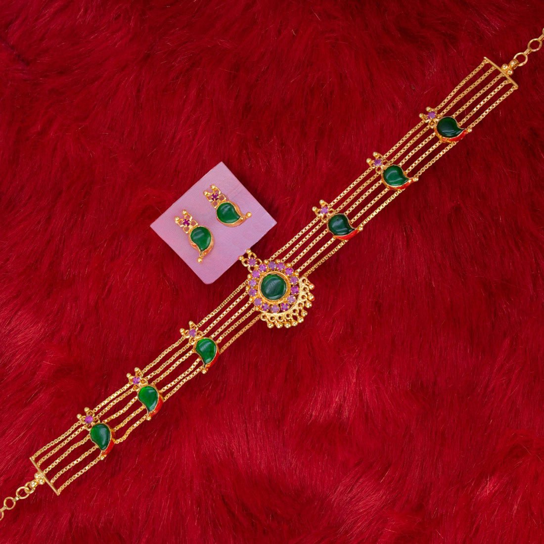 Trendy Gold Plated Green Mango Ruby Choker Set - K Supreme